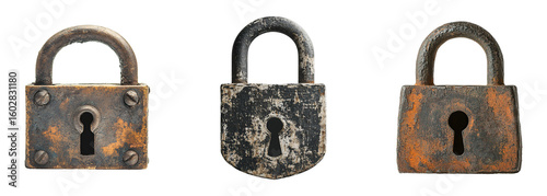 Collection of rusty old steel padlocks, metal symbols of security and safety, isolated on a transparent background. PNG