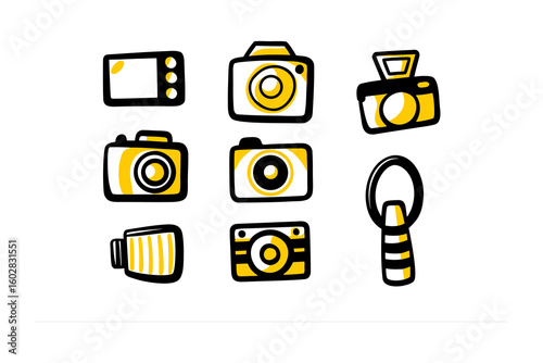 Collection of hand drawn camera icons featuring various styles and a camera strap for photography enthusiasts and designers