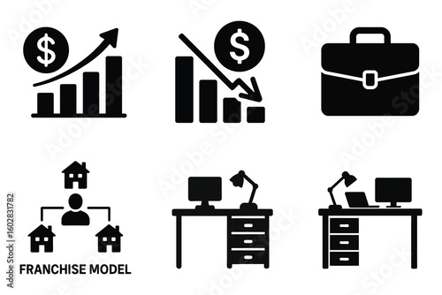 Business icons showing growth decline portfolio and home office isolated on white background