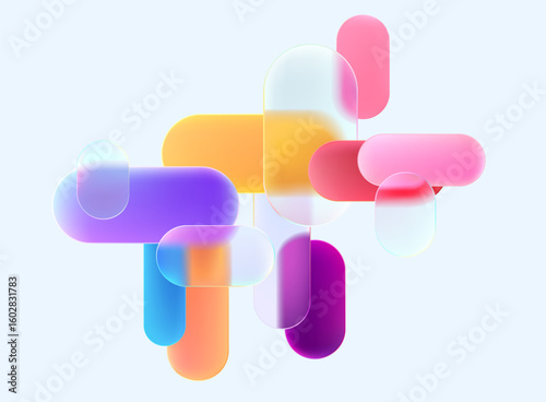 Colored and glass geometric shape.  Abstract composition of circles and rectangles in liquid glass style. Vector elements for  poster design.