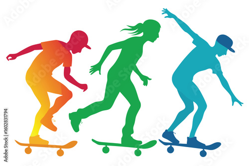 Colorful Silhouettes of Teenagers Skateboarding