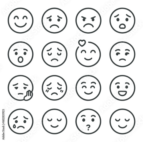 Expressive emotion icon collection: simple linear faces. happy, sad, angry, love, confused vector icons