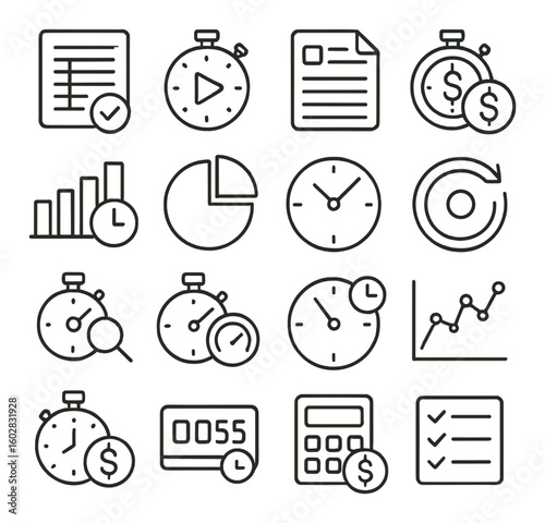 Time management icon collection. simple linear icons for clock, stopwatch, checklist, alarm, timer