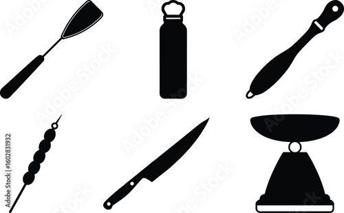 A set of black vector silhouette icons of kitchen knives and other kitchen utensils