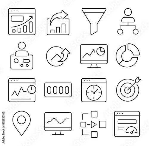 Digital analytics icon collection. data analysis linear style: graph, chart, funnel, dashboard, metric, target vector icons.