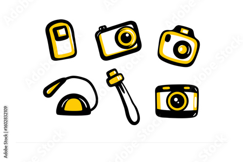 A charming collection of hand drawn colorful icons representing various photography equipment and accessories for creative visual storytelling