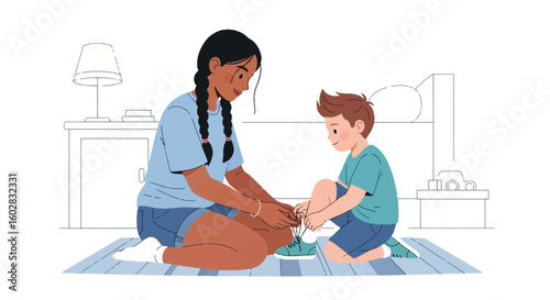 Big sister teaching little brother to tie shoes, illustrating sibling bonding, care, and childhood learning indoors. Family support concept.