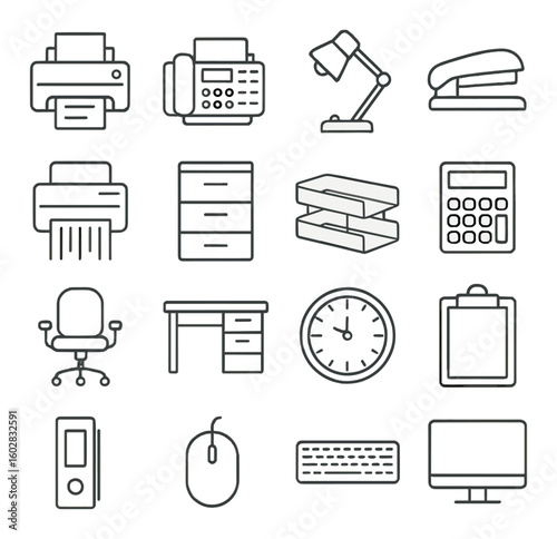 Office equipment icon collection. simple linear icons: printer, fax, lamp, stapler, computer, desk, office chair, clock, calculator vector icons.