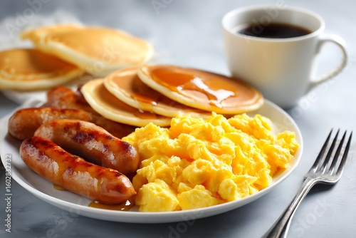 Delicious breakfast with pancakes, scrambled eggs, sausages, and coffee on a white plate