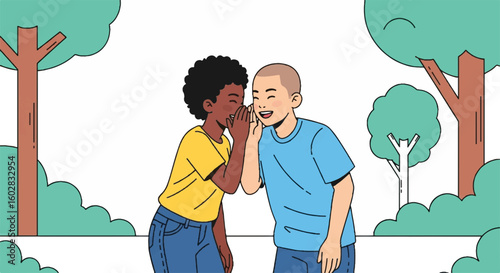 Happy diverse kids whispering a secret, joyful siblings sharing a laugh, childhood friendship and communication, vector illustration