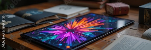 A vibrant digital display showcasing colorful abstract graphics, placed on a wooden desk surrounded by books, ideal for tech, design, or creative industries.