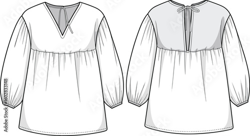 Stylish White Women's Peasant Blouse with Gathered Sleeves and V-Neck: Comfortable, Trendy, and Versatile Fashion for Everyday Wear