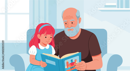 Grandfather reading storybook to young granddaughter, sharing a warm family moment and educational intergenerational bond. Cozy home learning.