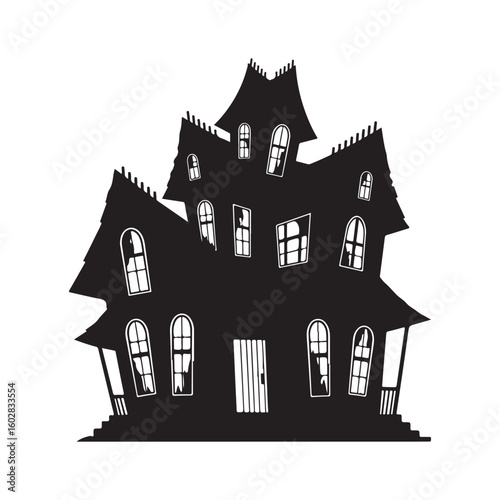 Spooky black and white haunted house illustration with crooked windows, a graphic design element for Halloween