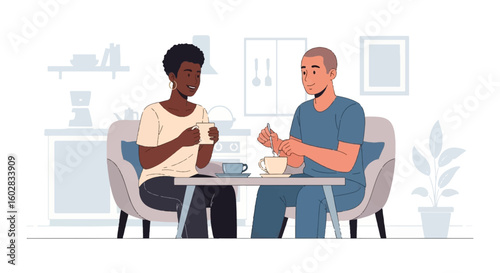 Happy adult siblings sharing coffee and conversation at home. Diverse brother and sister bond, friendship, communication, flat illustration.