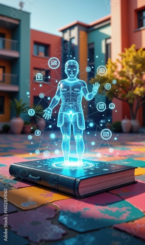 A futuristic hologram of a human figure emerging from an open book, symbolizing innovation in education, technology, and healthcare.