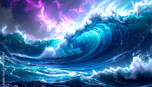 Powerful ocean waves under dramatic sky