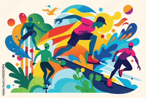 Active Urban Lifestyle Diverse People Enjoying Outdoor Activities at Sunset