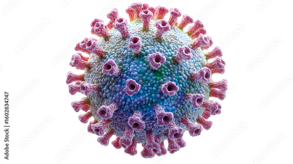 Obraz premium Coronavirus particle with spike protein structure, detailed 3D rendering showing viral surface and protein spikes in vibrant colors