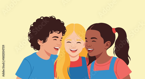Happy diverse children smiling, embracing, and laughing together. Illustration of siblings or friends celebrating unity and joy.