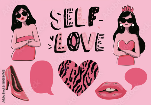 Playful vector illustration in cartoon style features women in pink, bold “SELF-LOVE” text, hearts, speech bubbles, lips, a crown, and high heels, using vivid pink, black, and red colors.