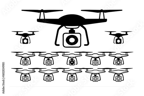 Collection of silhouetted quadcopter drones with cameras displayed in a hierarchical arrangement for aerial photography and surveillance