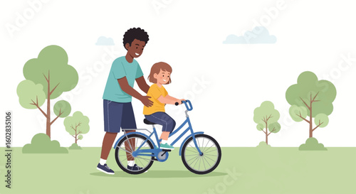 Diverse siblings learning to ride a bicycle in a sunny park. Older brother helps younger sister, depicting childhood, family bond, and support.