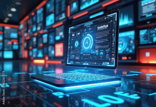 Wallpaper Mural A modern laptop displaying advanced analytics and data visualization against a backdrop of digital screens, perfect for showcasing technology and innovation in business. Torontodigital.ca