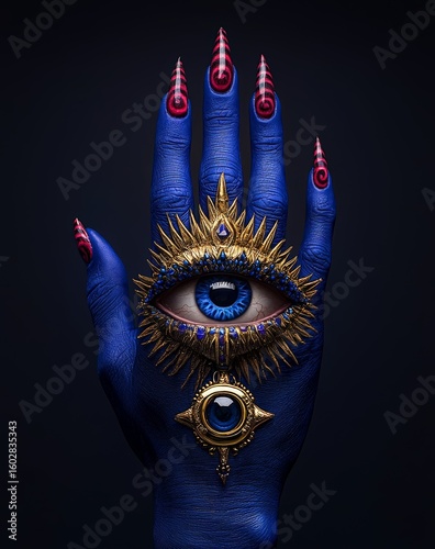A hand with an eye in the palm, a ring on one finger, and a third eye on another finger