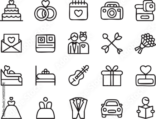Wedding Icon Set in Outline Style Featuring Rings Calendar Camera Couple Arrows Gift Dress Suit Car and More