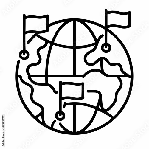 Globe with three flags on different continents. Globalization