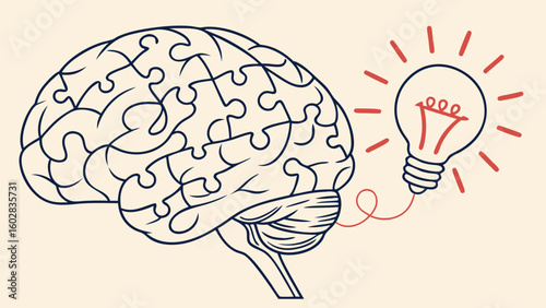 Brain puzzle with lightbulb moment vector illustration isolated on Transparent Background
