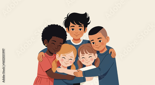 Diverse group of happy children embracing, symbolizing family bonds, friendship, and togetherness. Perfect for sibling day.