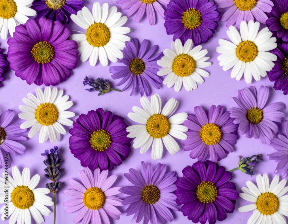 Floral Flat Lay with Purple Daisies and Lavender on a Light Purple Background Floral Flat Lay with Purple Daisies and Lavender on a Light Purple Background