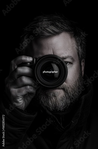 A man with his finger in the eye of an open camera, the lens is broken and ripped by hand. The person has black hair and a short beard. In front, there's 