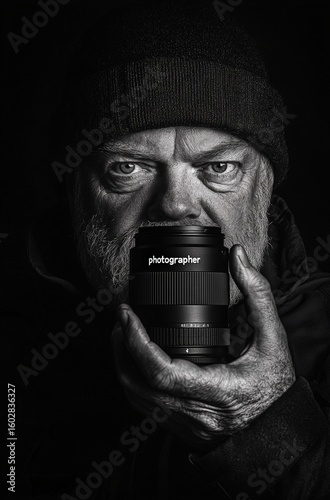 A man with his finger in the eye of an open camera, the lens is broken and ripped by hand. The person has black hair and a short beard. In front, there's 