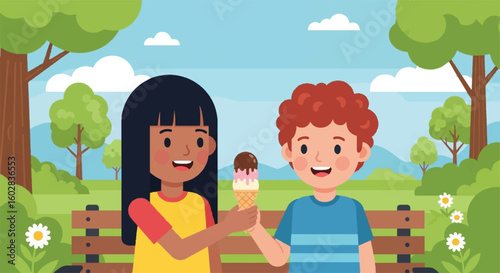 Happy diverse siblings share ice cream on a park bench, a joyful moment of childhood and family bonding in a sunny park.