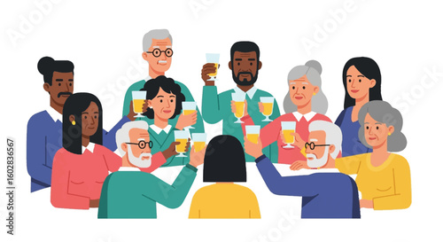 Inclusive celebration with diverse friends and family toasting. Happy people of different ages gathering, cheers concept.