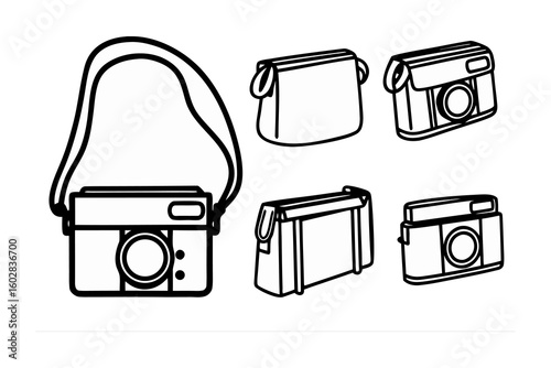 Collection of vintage style cameras and protective pouches in a simple black and white line drawing illustration