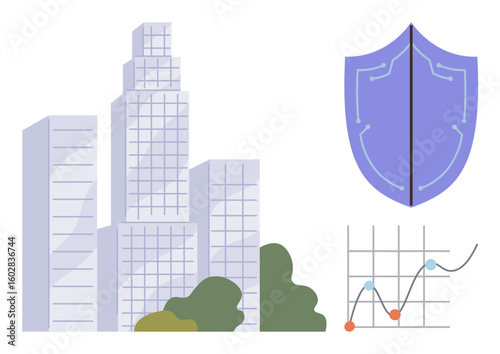 Tall corporate skyscrapers with green foliage, a protective blue shield, and a data graph. Ideal for business strategy, financial security, investment planning, data analysis, insurance, economic
