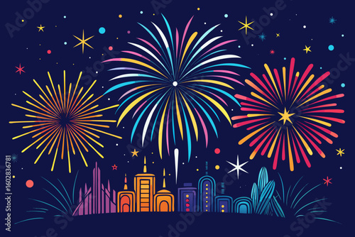 Vibrant fireworks explode over a stylized cityscape at night, celebrating holidays, festivals, and special events with dazzling light displays and festive cheer.