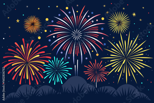 Celebrate with a stunning display of vibrant fireworks bursting across a dark night sky, creating a festive and joyous atmosphere perfect for any holiday or event.