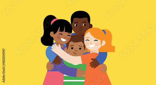 Happy diverse siblings and family group hugging illustration, symbolizing love, unity, and a strong bond of togetherness and support.