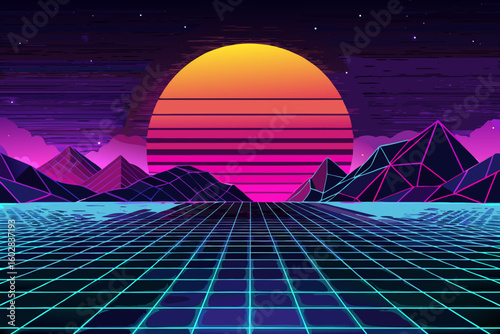 Vibrant retro synthwave landscape with neon grid, glowing mountains, and a colossal sunset evoking nostalgia and futuristic adventure.