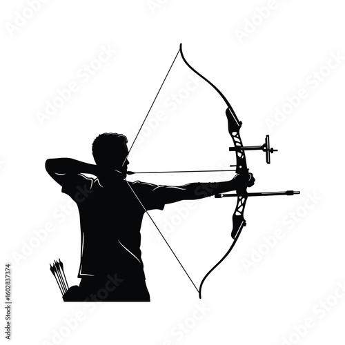 Silhouette of Archer aiming with compound bow archery competition vector illustration