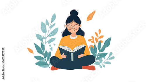 Calm young woman with glasses sitting cross legged reading book surrounded by colorful leaves and plants in peaceful setting