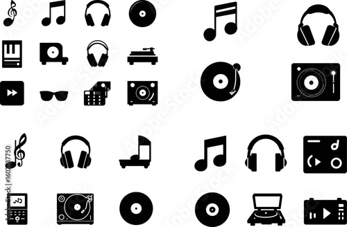 Music vector icons set, vinyl records, headphones, music notes, dj equipment elements