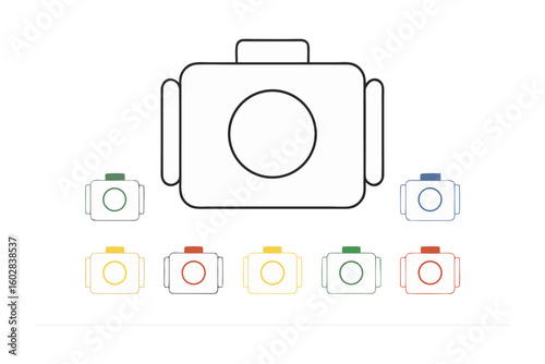 A central large outline of a camera is surrounded by seven smaller colorful camera icons arranged in a semi circle