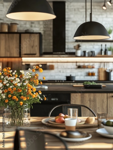 Clean design kitchen with wood cabinets and hanging lights.