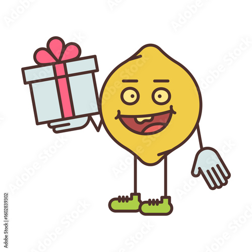 Lemon character half turn holding gift box and smiling